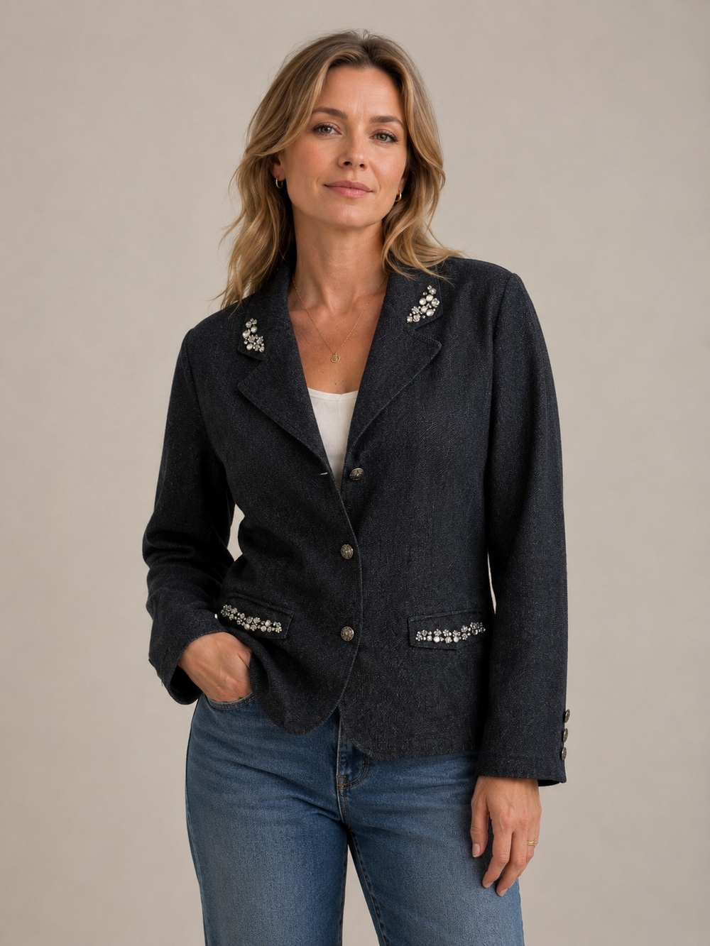 Simon Chang Denim Embellished Rhinestone Charcoal Blazer Jacket Size 16